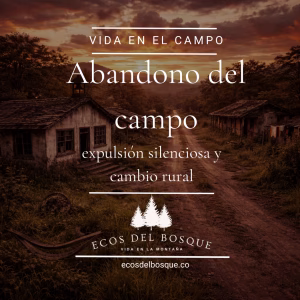 Paisaje rural con escuela y casas abandonadas al atardecer, envuelto en silencio y señales de desuso.